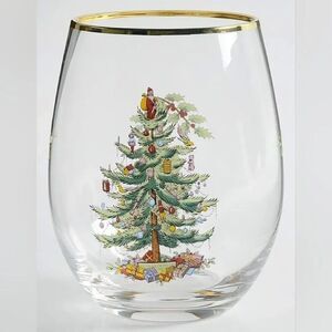 Spode Christmas Tree Stemless Wine Glass with Gold Rim
